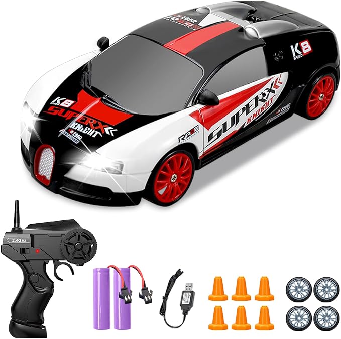 Remote Control Car RC Drift Car 2.4GHz 1:24 Scale 4WD 15KM/H High Speed, Rechargeable High Speed RC Cars with Cool Lights, Batteries and Extra Tires Toys for Kids