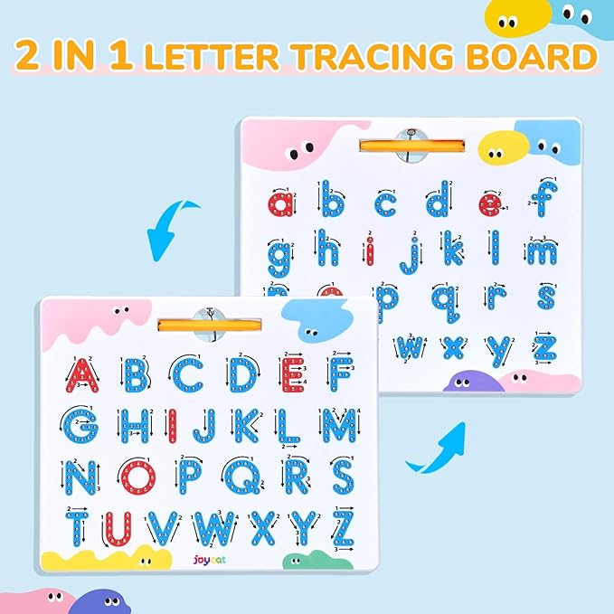 JoyCat Magnetic Letter Tracing Board, 2-in-1 Double-Sided ABC Magnets for Kids Ages 3-5, Uppercase & Lowercase Letter Writing Practice - Preschool Learning Toys, Road Trip Car Activities for Toddlers