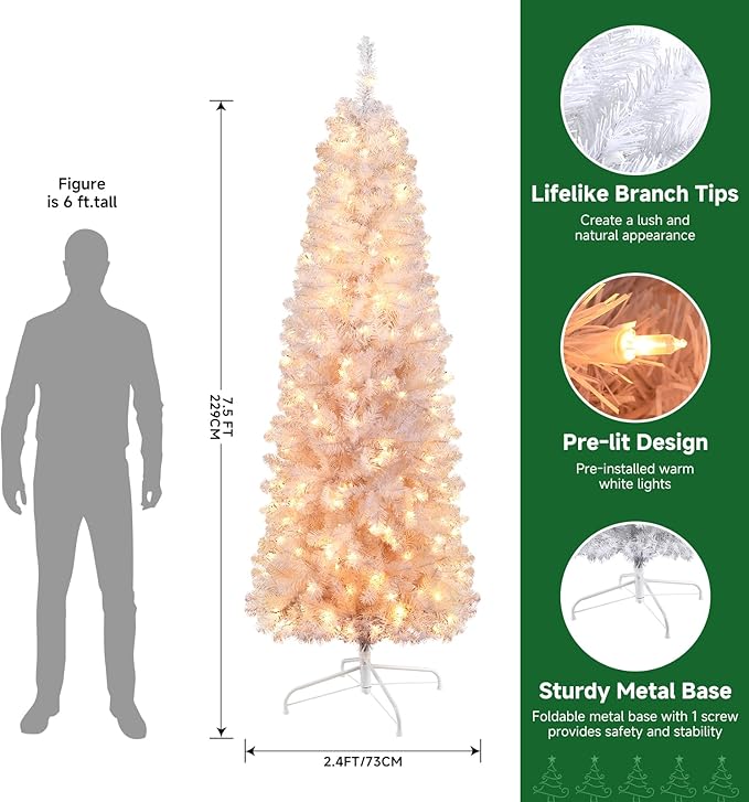 SHareconn 7.5ft Prelit Artificial Hinged Slim Pencil Christmas Tree with Warm White Lights, Full Branch Tips, Perfect Choice Decoration for Xmas Holiday, 7.5 FT, White