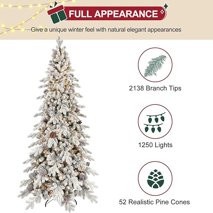 9 FT Pre-Lit Snow Flocked Slim Fir Christmas Tree with 2138 PE & PVC Mixed Branch Tips,Artificial Skinny Pencil Xmas Tree with 1250 Warm-White Lights & 52 Pine Cones,Hinged Pine Tree with Metal Stand