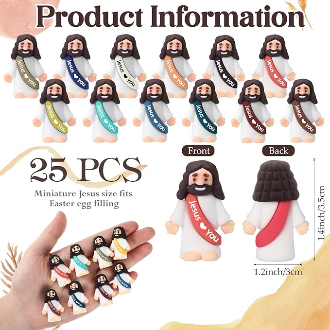 Bememo 25 Pcs Little Jesus Figures Original Design Jesus Love You Mini Rubber Toys to Hide and Seek Religious Party Favors Sunday School Baptism Gifts(Christian Colors)