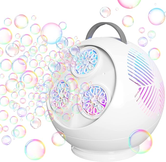 Bubble Machine for Kids Toddlers,45°/360° Auto Rotatable Spherical Bubble Maker Toy with LED Light,Rechargeable Bubble Blower for 3 4 5 Year Old,Wedding Party Easter Birthday Gifts (Spherical White)