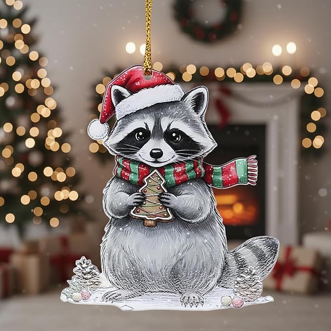 6 Pcs Acrylic Christmas Raccoon Ornaments for Christmas Tree Decor, Cute Raccoon Hanging Decorations for Family, Friends & Holiday Festivities