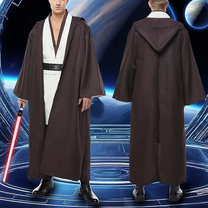 Men's Tunic Cosplay Costume with 2 PCS Light Up Saber Tunic Hooded Robe Full Set for Halloween Party