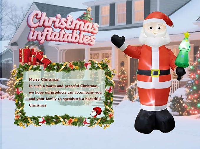 8FT Inflatable Santa Claus Outdoor Christmas Decoration - Blow Up Santa Claus with Built-in LED Lights for Garden Lawn