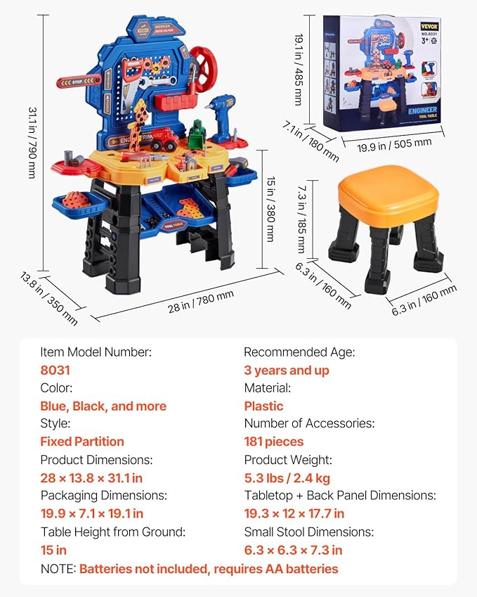 VEVOR Kids Workbench, 181 pcs, Kids Tool Bench with Realistic Tools and Electric Drill, Pretend Play Construction Workbench Toys for Toddlers, Toddler Work Bench Learning Gift for Boys & Girls Age 3+
