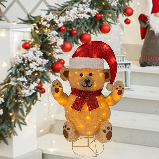 Lighted Christmas Bear Decorations, Pop-Up Bear Outdoor Yard Woodland Christmas Decor Prelit 70 Lights, Collapsible Lighted Bear Wears Santa Hat for Home Porch Yard Christmas Décor-Brown
