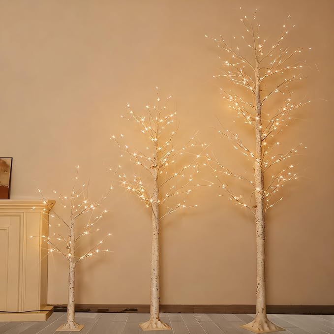 Set of 3 Lighted Birch Tree, 4FT 6FT 8FT Prelit Artificial Christmas Tree with Warm White LED Lights, Indoor Outdoor Christmas Decorations, Lighted Twig Tree for Home Yard Party Garden Decor