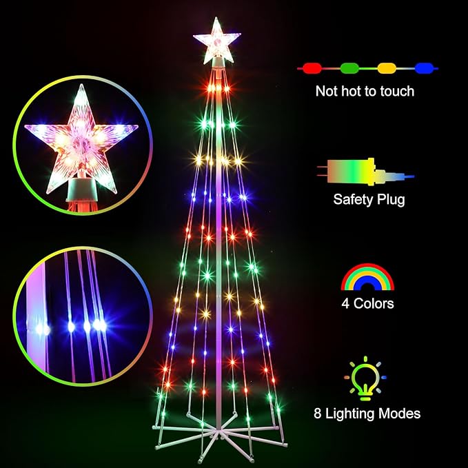 5' LED Animated Outdoor Christmas Tree, Multicolor Lightshow Lighted Cone Wire Tree with Topper Star, Christmas Outdoor Decorations Artificial Lighted Tree for Indoor Outdoor Yard Patio