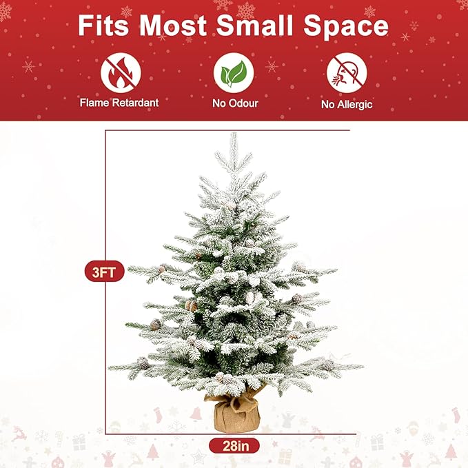 Prelit Flocked Christmas Tree, Artificial Small Christmas Tree with Led Lights, Frosted LED Xmas Tree with Snow (3FT-Lights)