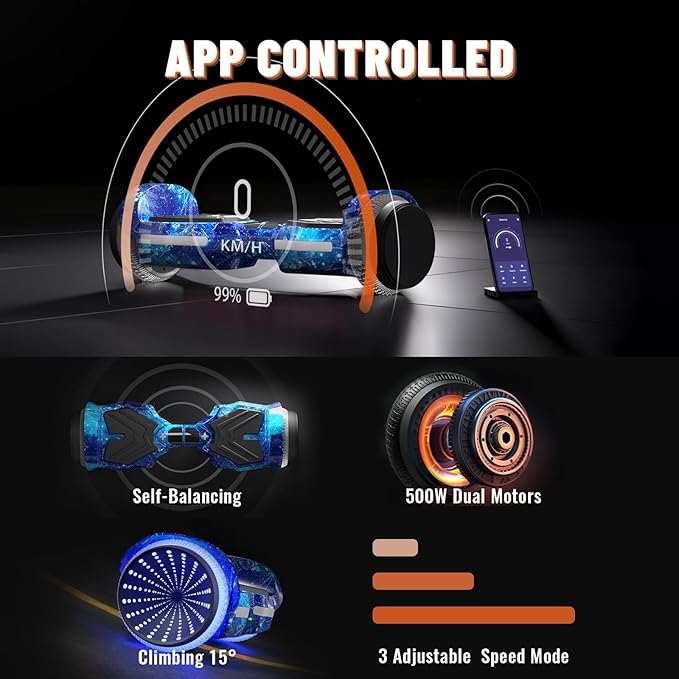 Scooter, Colorful LED Light-Up Wheels, Bluetooth Speakers and APP, Dual 250W Motors, 8.5 mph Max Speed & 8.5 Miles Max Range, Gifts for Kids Adults Girls Boys