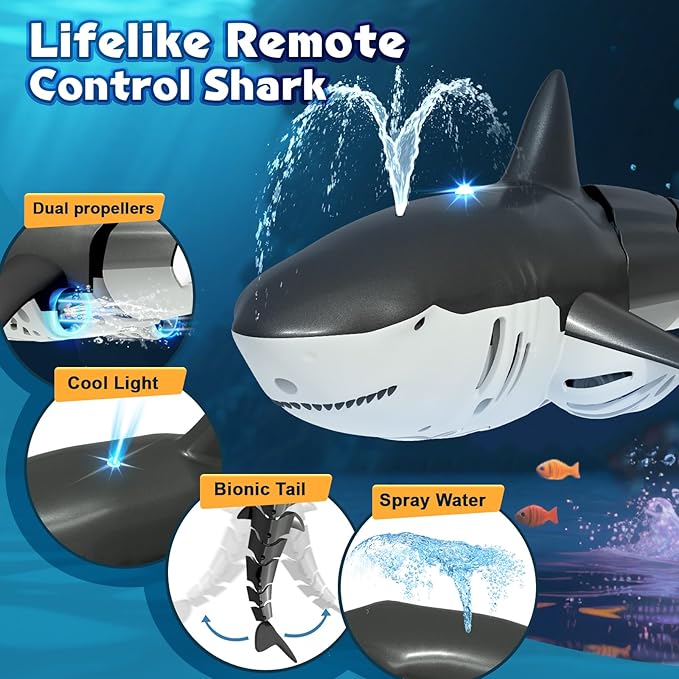2.4Ghz Remote Control Shark Pool Toys for Boys Kids,Highly Realistic Shark Pool Toys for Kids,RC Boat Outdoor Water Toy with Light and Spray Water for Boys Girls Ages 6+ (with 2 Batteries)