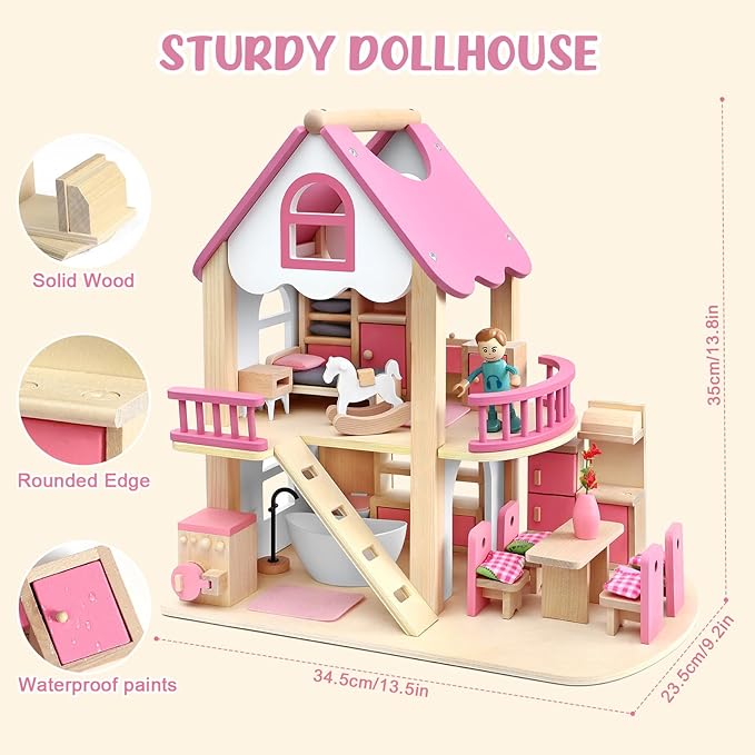 Atoylink Wooden Dollhouse with 42Pcs Miniature Doll House Accessories and Furniture Set, 4 Rooms & Balcony & Swimming Pool & Portable Handle Pretend Play Toys for Kids Girls Birthday Gifts