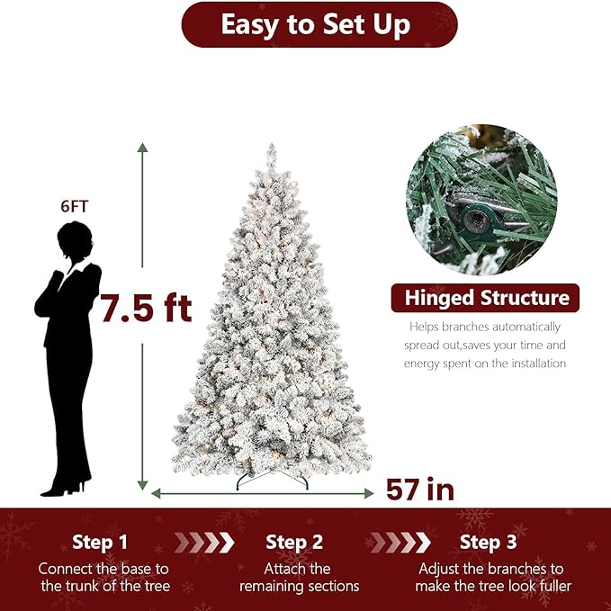 7.5ft Per-Lit Snow Flocked Christmas Tree, Artificial Christmas Tree with 550 Warm White Lights, 1474 Branch Tips, Premium Green Full Xmas Tree for Easy Holiday Setup, Foldable Metal Base