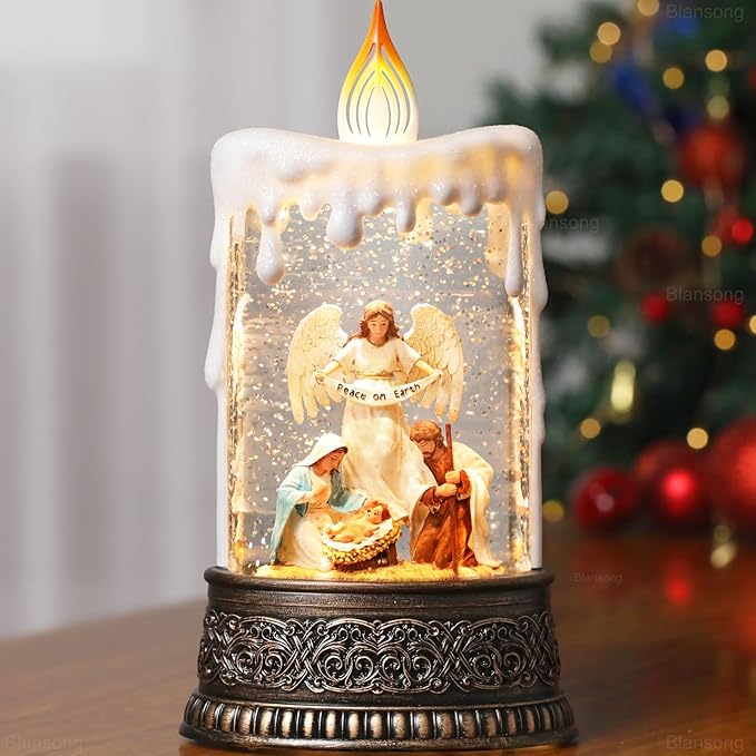 Nativity Snow Globes Candle Home Decor Accent Auto Snowfall Glitter Music Collection Angel Nativity Scene Peace on Earth with 6H Timer USB/Battery Powered 9.7 inch