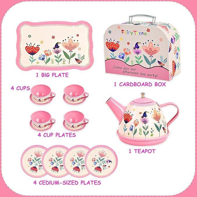 Floral Tea Party Set for Little Girls Ages 3-6, 15-Piece Pretend Play Kitchen Toys with Teapot, Cups, Plates & Storage Case, Princess Gift Set (Pink)