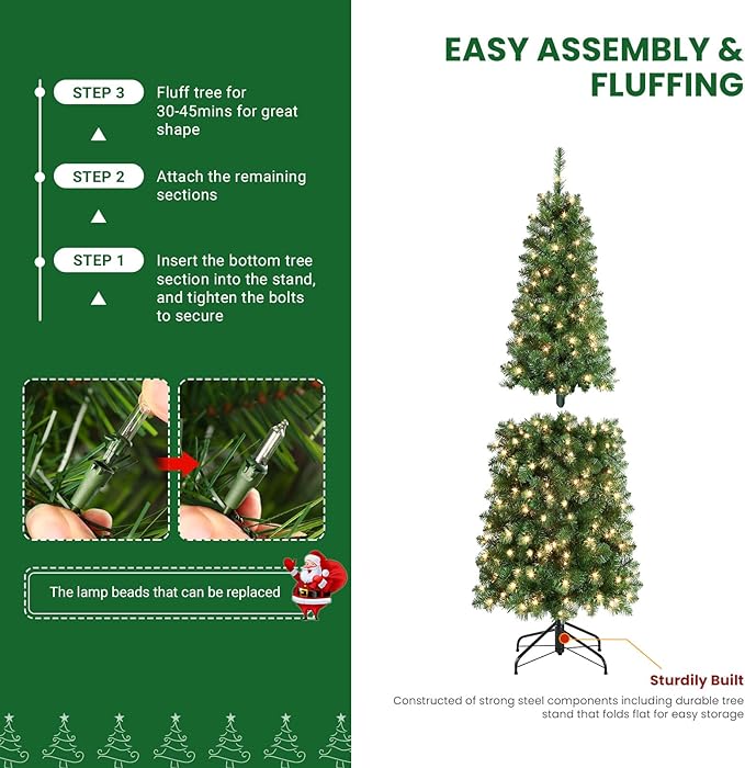 SHareconn 4 ft Prelit Artificial Hinged Slim Pencil Christmas Tree with Warm White Lights, Full Branch Tips, Good Choice Decoration for Xmas Holiday, 4 FT, Green