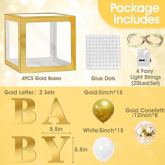 Ledido Baby Boxes with Letters for Baby Shower Decoration, 4 pcs Clear Baby Balloon Boxes Blocks with LED Fairy String Lights 38 Balloons for Boy Girl Gender Reveal Birthday Party (Gold)