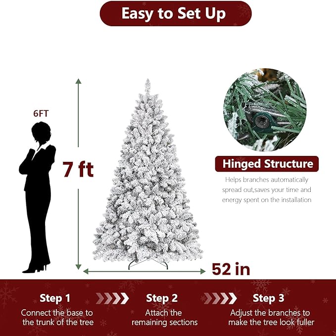 7ft Unlit Snow Flocked Christmas Tree, Artificial Christmas Tree with Pine Cones,1268 Branch Tips, Premium Spruce Full Xmas Tree for Easy Holiday Setup, Foldable Metal Base