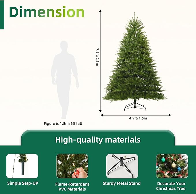 7.5FT Unlit Christmas Tree Green, Dunhill Fir Artificial Tree with 2514 PVC Branch Tips, Realistic Full Shape, Foldable Metal Stand for Indoor Home, Office & Holiday Decoration