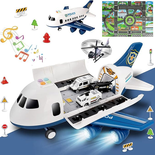 Dwi Dowellin Toddler Toys Car for Boys:Boy Toy Transport Cargo Airplane|Kid Toys 20 in 1 Carrier Vehicle Police Toys for Kids Age 2-4 3-5 4-7 Year Old Boys Girls
