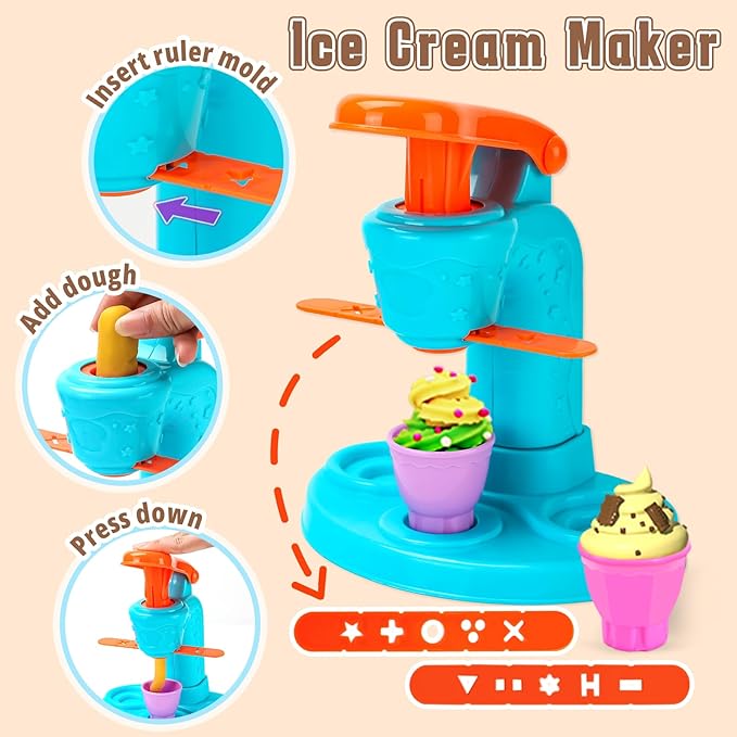 4 in 1 Dough Sets 70 PCS for Kids Ages 4-8, Dough Tools Kit with Ice Cream Noodle Hamburger Cake Maker Machine, Kitchen Creations Art Crafts Food Play Toys for Boys Girls Ages 3+