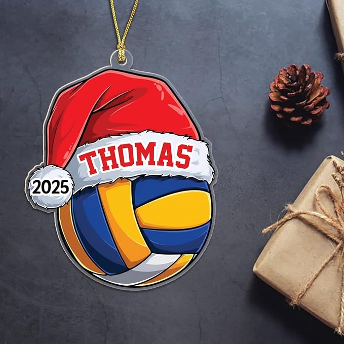Personalized Year & Name Volleyball Player Christmas Ornament 2025, Volleyball Shaped Xmas Ornament Gift for Volleyballs Lover Coach Team, Custom Volleyballs Sport with Santa Hat Decor Xmas Ornaments