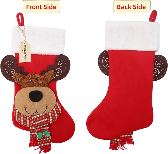 Christmas Stocking,21 inch Christmas Stockings with Wood Name Tag,3D Reindeer Christmas Stocking,for Family Holidays and Christmas Tree Fireplace Decoration(Red)