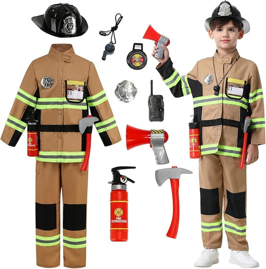 yolsun Fireman Costume for Kids, Boys' and Girls' Firefighter Dress up, Fire Fighter with Toy Accessories Halloween Role Play
