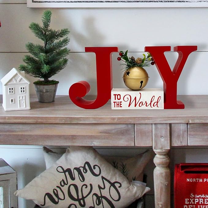 Christmas Decorations for Home Red JOY Bell Decor Farmhouse Wooden Holiday Sign Winter Rustic Vintage Block Xmas Tabletop for Kitchen Xmas Party Mantel Tiered Tray Gift Indoor Outdoor
