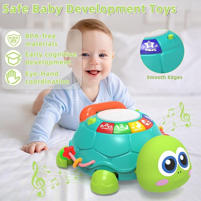 Musical Turtle Baby Toys 6-12 Months，Baby Crawling Toys for 12-18 Months,Early Learning Toy with Light&Sound，Tummy Time Toys Gifts for 3-6 4 5 7 8 9-12 18 Month Boy Girl（Green）