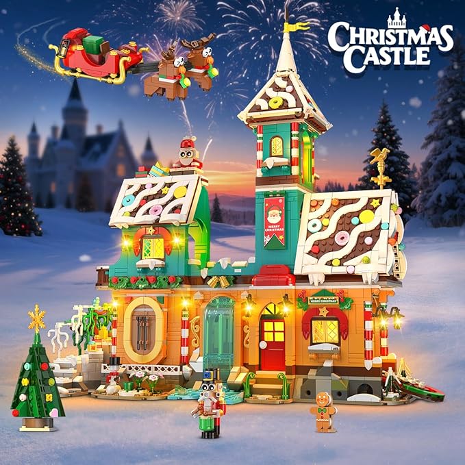 3 Style Christmas Gingerbread House Building Set with Lights - 2025 Holiday Castle Building Block Toy with Santa Claus Xmas Tree Gifts for Adults Teens Kids Girls Boy Ages 10+ (1976PCS)
