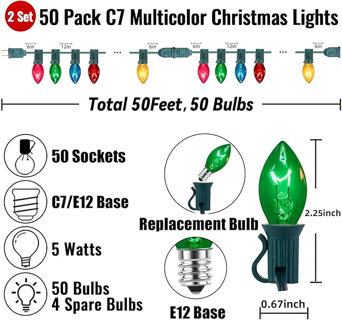 50FT C7 Multicolor Christmas Lights Outdoor, Vintage Christmas Light Green Wire with 55 Clear Multicolored Bulbs (5 Spare), Outdoor String Lights for Xmas Tree Home Yard Wedding Party Decorations
