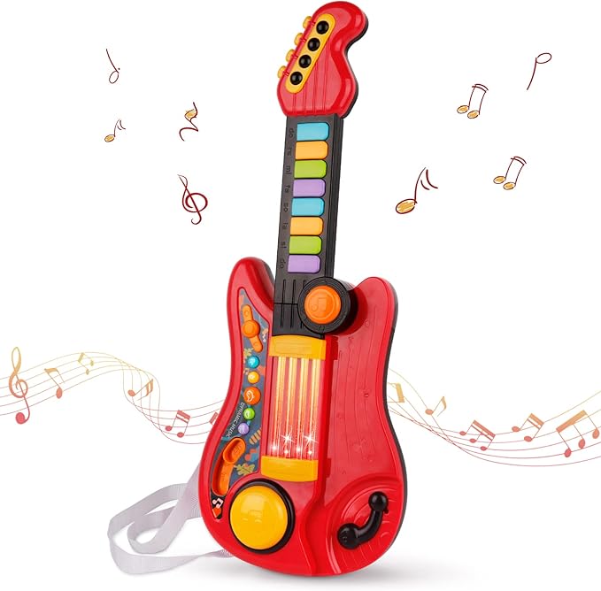 Kids Guitar 2 in 1 Musical Instruments for Kids Piano Toddler Toy Electric Guitars with Strap Music Toys for 3 4 5 Year Old Boys Girls Gifts (Red)