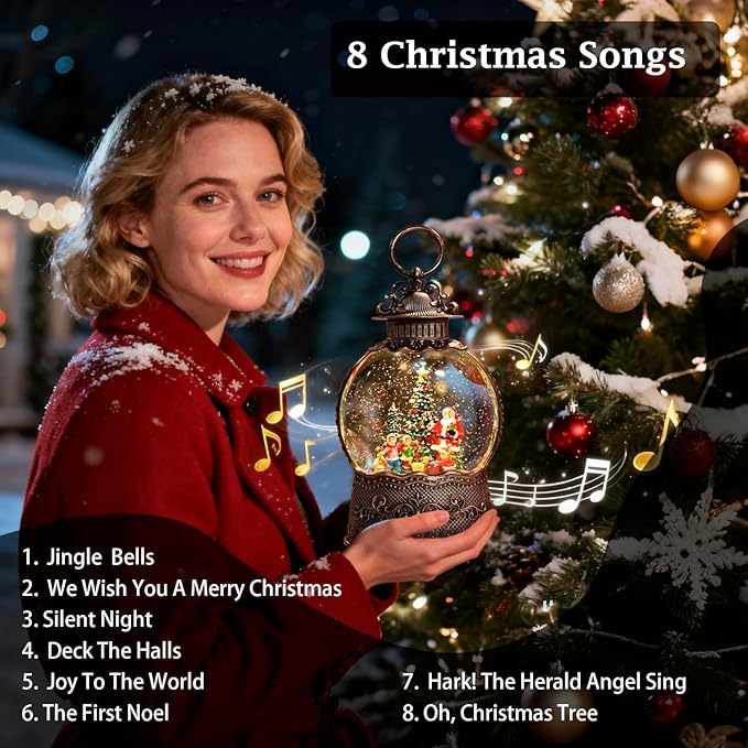 100mm Christmas Snow Globe with Music and Waterfall Effects Christmas Lights with Elderly and Children Christmas Tree Indoor Scene Dual Power Mode: USB Charging and Battery Powered