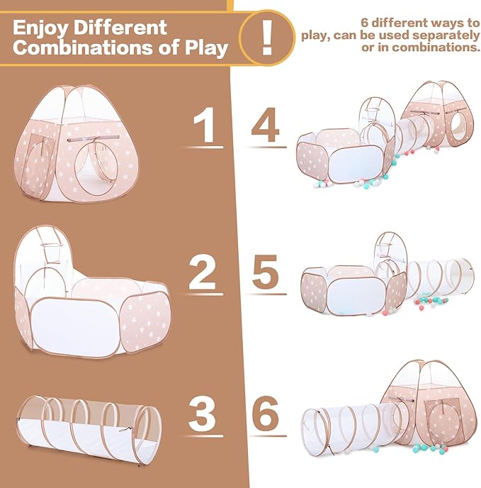 SISTICKER 3 in 1 Kids Play Tent: with Baby Ball Pit and Play Tunnel - Toddler Climbing Toys for Boys Girls Babies - Indoor Outdoor Pop Up Tunnel Toys Gift for Year Old (Balls NOT Included)