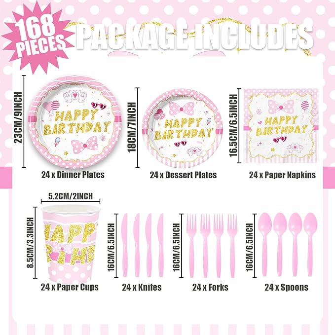 168pcs Pink Mouse Party Supplies Cartoon Mouse Birthday Decorations Paper Plates and Napkins Tableware Set for Girls 1st 2nd 3rd 4th 5th Birthday Party Supplies 24 Guests