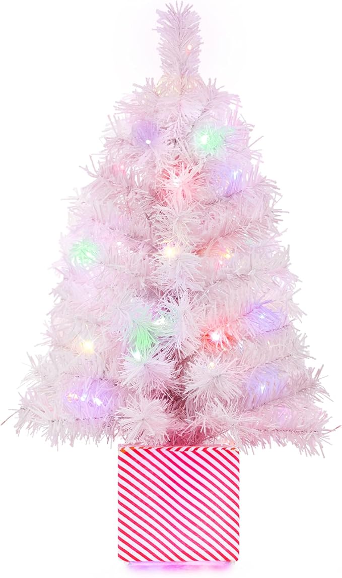 Brightever 2FT Small Christmas Tree, Prelit Pink Mini Christmas Tree with 50 Multi-Color LED Lights, Unique Gift Box Base, Battery Powered Little Xmas Tree for Bedroom