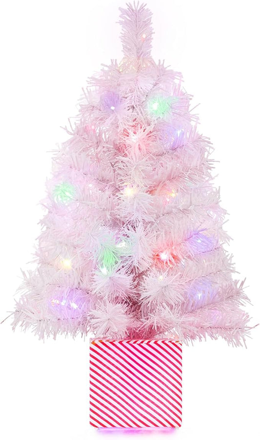 Brightever 2FT Small Christmas Tree, Prelit Pink Mini Christmas Tree with 50 Multi-Color LED Lights, Unique Gift Box Base, Battery Powered Little Xmas Tree for Bedroom
