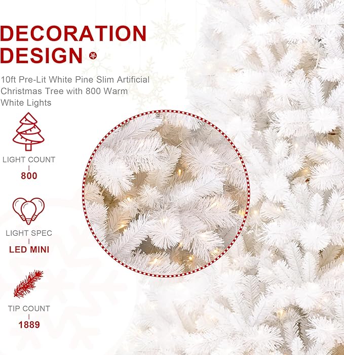 Glitzhome 10ft Pre-Lit Slim Artificial Christmas Tree, Aspen Frostfall Pine Hinged Holiday Xmas Tree with Foldable Metal Stand, 800 Warm White Lights, Ideal for Home, Office, Party Decoration