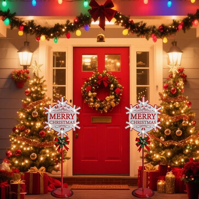 Merry Christmas Sign with LED Light Battery Operated with Timer Christmas Signs with Base Xmas Holiday Decorations Patio Lawn Yard Outdoor Display Decor