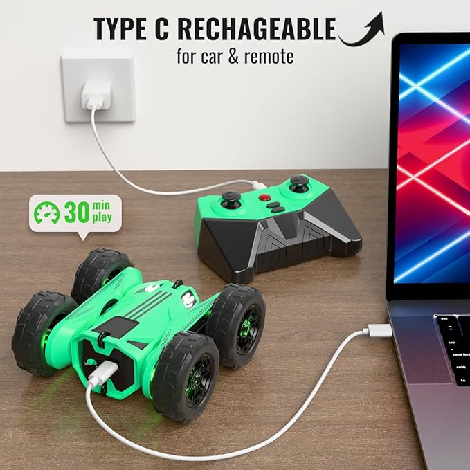 MaxTronic Remote Control Car, Rechargeable RC Cars & Remote Controller - 20km/h Double Sided 360° Rotation Stunt Stunt Crawler with LED Lights for Boys Girls Aged 3-14