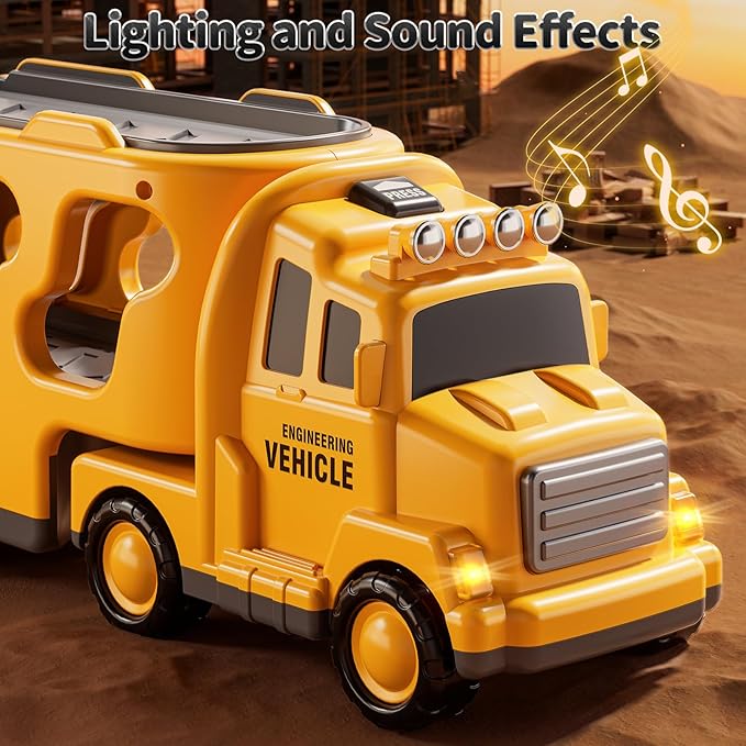 5 in 1 Construction Toys Cars for Toddler Ages 2-4, Transport Vehicle with Sounds and Lights, Excavator Toy for Boys, Christmas Birthday Gifts for Kids 2 3 4 5 6 Years Old