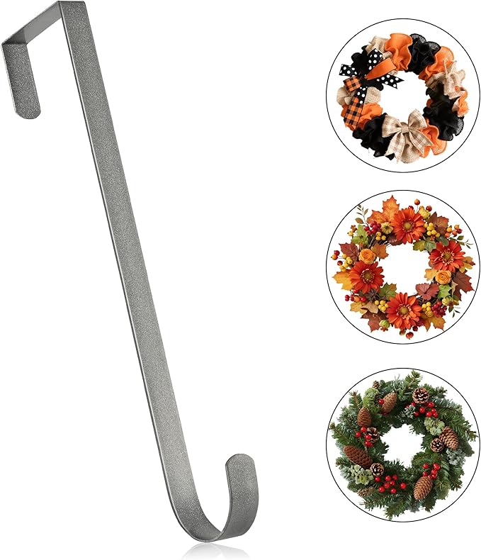 MCFULL 14 in Wreath Hangers for Front Door,Sturdy Metal Wreath Doors Hangers,Over The Door Hooks for Front Porch Decor,Silver Garland Hooks Holders for Halloween Christmas Decorations
