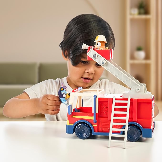 Bluey Firetruck Toy with Firefighter Bingo, Bob Bilby Figures | Extendable Ladder & Hose | Includes Stickers - Perfect for Kids Ages 3+