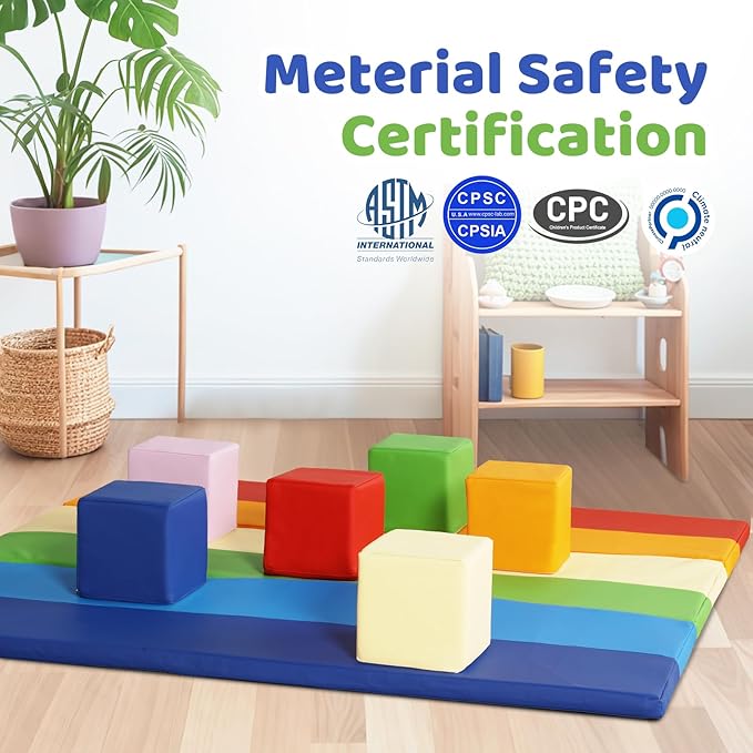 Foam Building Toys for Toddlers: 6Pcs Waterproof PU Leather Soft Foam Blocks - Colorful Large Stacking Blocks - Early Learning Construction Play Set for Kids Indoor Birthday Gift Preschool (Rainbow)