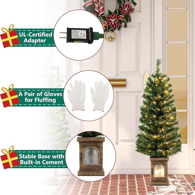 Goplus 4ft Pre-Lit Christmas Tree for Entrances, Artificial Potted Xmas Tree with 100 LED Lights, Timer, 3 Lighting Modes, 160 Branch Tips, Antique Urn Base, Porch Indoor Holiday Christmas Decoration