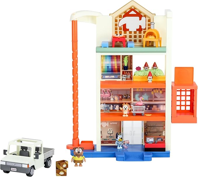 Bluey Hammerbarn Shopping Center Mega Set, 4 Level, 22" Tall Playset with Working Lift and Trolley Return, Lights and 45+ Sounds. 3 Figures. 15 Accessories & Tradie Ute Vehicle | Amazon Exclusive
