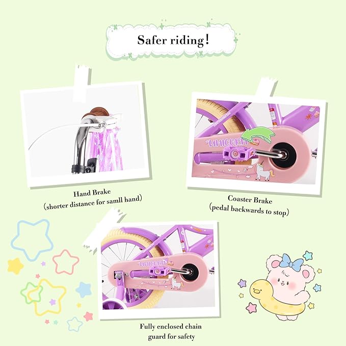 RULLY Kids Bike 12 14 16 inch for 2-7 Years Girls with Training Wheels & Front Handbrake, Kids Bicycle with Basket Bike Streamers Toddler Cycle Bikes