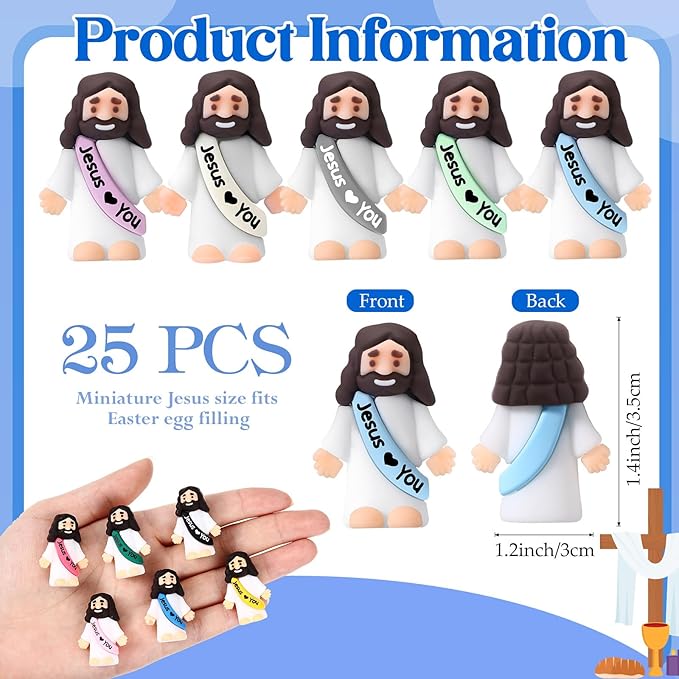 Bememo 25 Pcs Little Jesus Figures Original Design Jesus Love You Mini Rubber Toys to Hide and Seek Religious Party Favors Sunday School Baptism Gifts(Colorful)